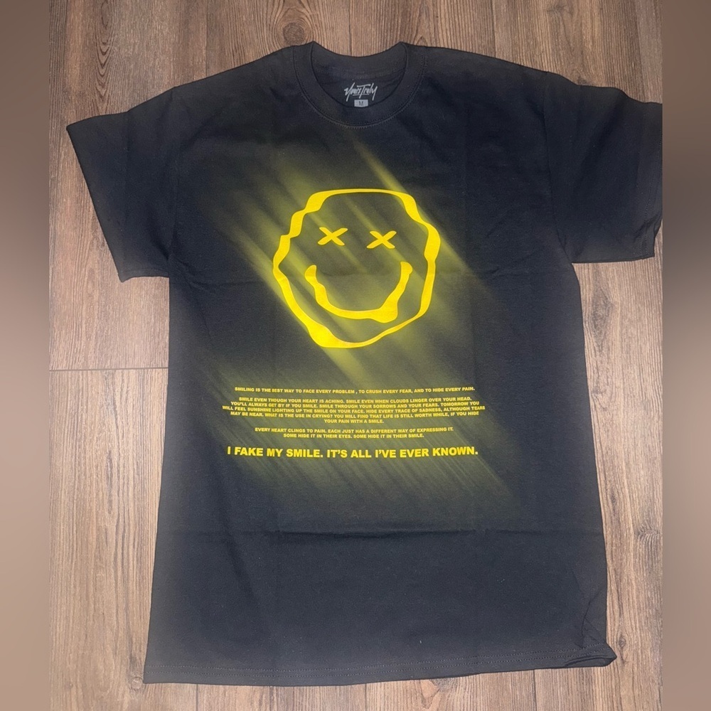 Yours Truly Black Smiley Face Graphic T Shirt Medium NWOT Quote Tee